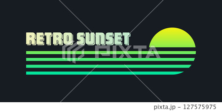 Vintage colorful sunset. Various gradient striped sunrise badges in 80s and 90s style. Sun and ocean view, summer vibes, surfing. Design element for print, logo or t-shirt. Vector illustration 127575975