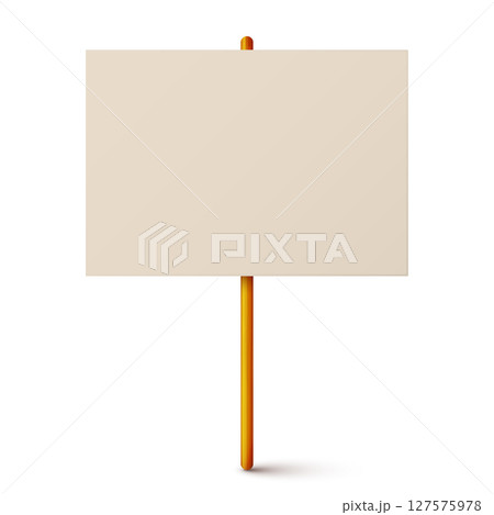 Blank colorful protest sign with wooden holder. Demonstration banner. Strike action cardboard placard mockup. Social advertisement. Vector illustration Blank colorful protest sign with wooden holder. Demonstration banner. Strike action cardboard placard mockup. Social advertisement. Vector illustration 127575978