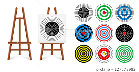 Shooting range target on a wooden easel stand. Paper target with divisions, marks and numbers. Archery, gun shooting and training, sport competition, hunting. Bullseye and aim. Vector illustration 127575982