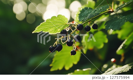 A cluster of ripe black currants on a branch 127575994