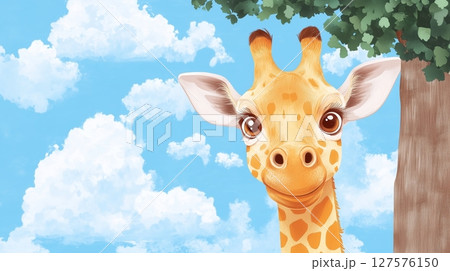 Funny shy giraffe hiding and peeking from behind a tree. 127576150