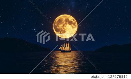 beautiful moonlight. beautiful ship sailing ocean full moon 127576315