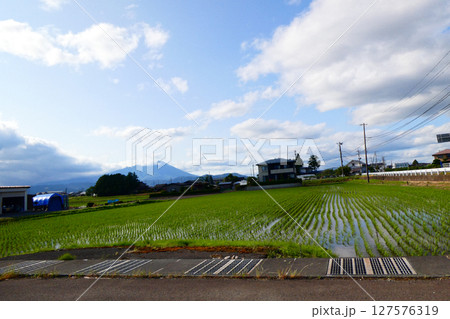田植えが終わった北東北盛岡の田園風景と岩手山と空と雲 田植えが終わった北東北盛岡の田園風景と岩手山と空と雲 127576319