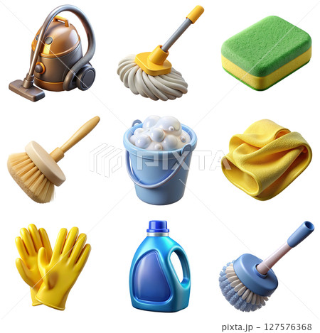 Collection of 3d cleaning tools and supplies, household items, isolated on transparent background 127576368