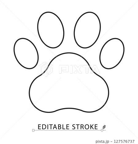 Paw print icon in minimal line style with editable stroke. Animal footprint symbol, pet care element, wild track for veterinary visuals, zoo themes, wildlife concept and domestic animal illustration. 127576737