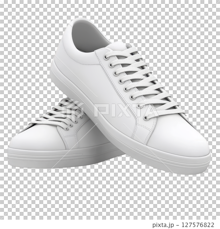 Pair of stylish white sneakers with minimalist design, featuring clean lines and classic lace up style, perfect for casual wear Pair of stylish white sneakers with minimalist design, featuring clean lines and classic lace up style, perfect for casual wear 127576822