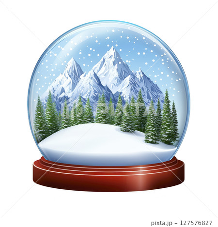 Snow globe with serene winter scene features snow covered mountains and evergreen trees, evoking sense of tranquility and wonder. wooden base adds classic touch 127576827