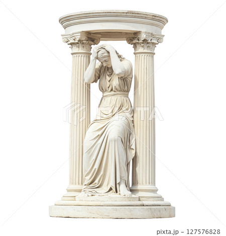 Marble statue of seated woman in classical pose, surrounded by four Corinthian columns, exudes sense of sorrow and contemplation. detailed drapery and expression highlight artistry 127576828