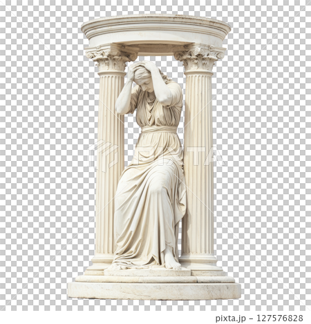 Marble statue of seated woman in classical pose, surrounded by four Corinthian columns, exudes sense of sorrow and contemplation. detailed drapery and expression highlight artistry 127576828