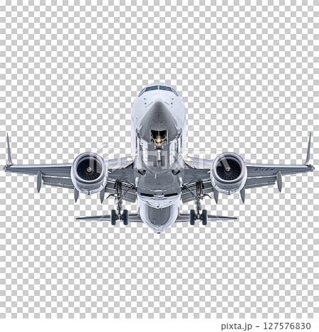 Commercial airplane is captured in front view, showcasing its engines and landing gear. image highlights aircraft sleek design and engineering precision, emphasizing its readiness for flight 127576830