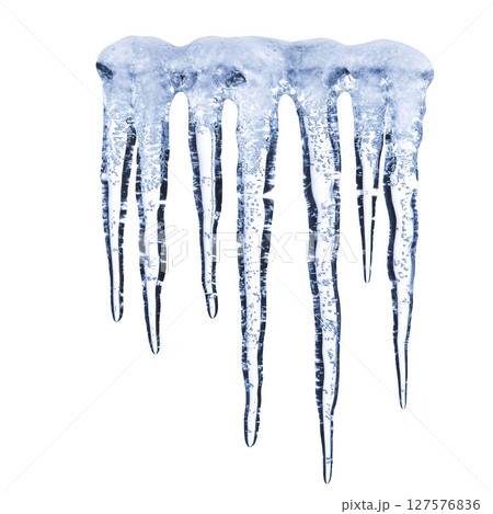 Row of glistening icicles hangs against transparency background, showcasing their translucent beauty and intricate details. icy formations evoke sense of winter chill 127576836