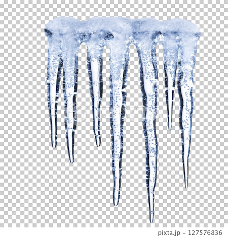 Row of glistening icicles hangs against transparency background, showcasing their translucent beauty and intricate details. icy formations evoke sense of winter chill 127576836