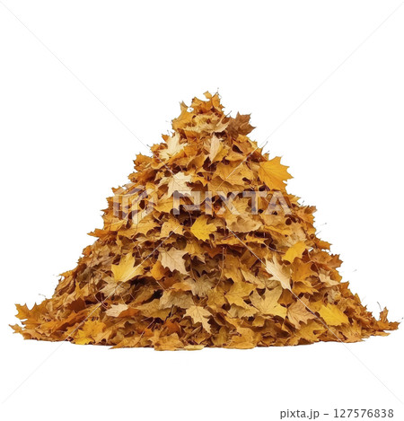 Pile of vibrant autumn leaves in shades of orange and yellow creates warm and seasonal atmosphere. leaves are stacked in triangular shape, evoking sense of fall Pile of vibrant autumn leaves in shades of orange and yellow creates warm and seasonal atmosphere. leaves are stacked in triangular shape, evoking sense of fall 127576838