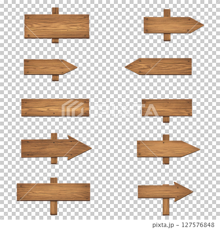 Wooden signboards with various arrow shapes and directions, ideal for navigation or decoration. signs have rustic appearance, featuring natural wood grain and simple design Wooden signboards with various arrow shapes and directions, ideal for navigation or decoration. signs have rustic appearance, featuring natural wood grain and simple design 127576848