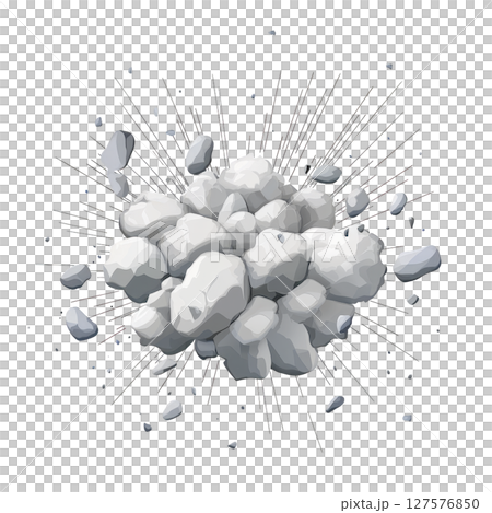 Dynamic explosion of gray rocks and debris, captured mid air, with sharp lines radiating outward, creating sense of motion and energy. rocks vary in size, adding depth 127576850