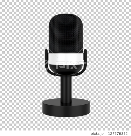 Vintage style black microphone with silver band is displayed on stand, evoking classic and professional audio recording atmosphere Vintage style black microphone with silver band is displayed on stand, evoking classic and professional audio recording atmosphere 127576852