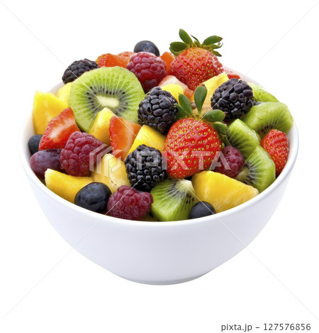 Vibrant bowl of fresh fruit salad featuring strawberries, kiwi, pineapple, blackberries, blueberries, and raspberries, offering colorful and healthy snack option 127576856