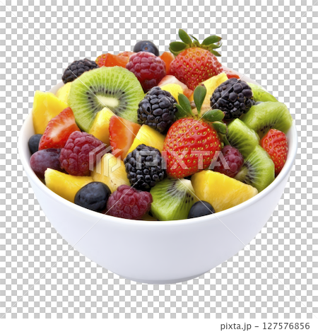 Vibrant bowl of fresh fruit salad featuring strawberries, kiwi, pineapple, blackberries, blueberries, and raspberries, offering colorful and healthy snack option 127576856