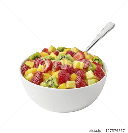 Vibrant bowl of fresh fruit salad featuring strawberries, kiwi, and pineapple, served in white bowl with spoon, offering refreshing and healthy snack option 127576857