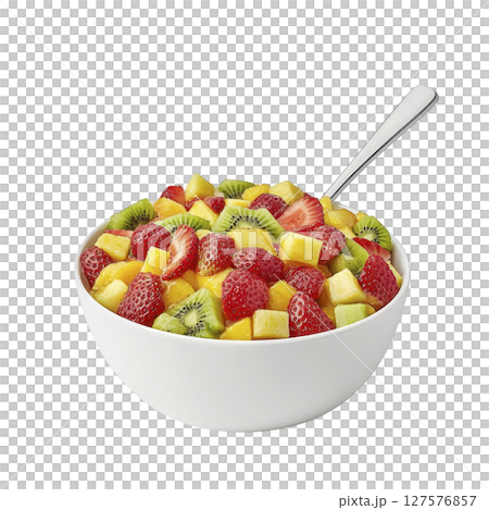 Vibrant bowl of fresh fruit salad featuring strawberries, kiwi, and pineapple, served in white bowl with spoon, offering refreshing and healthy snack option 127576857