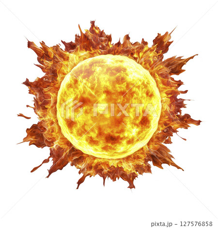 Fiery, glowing sun with intense flames radiating outward, creating dynamic and energetic visual. bright yellow and orange hues emphasize heat and power of celestial body 127576858