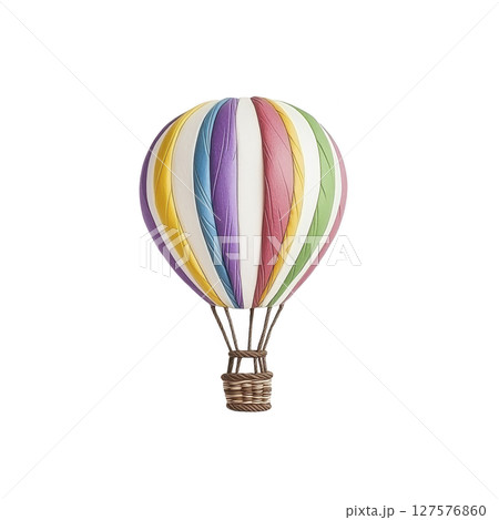 Colorful hot air balloon with wicker basket, featuring vibrant stripes of yellow, purple, blue, red, and green, isolated on transparency background 127576860