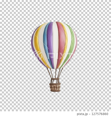Colorful hot air balloon with wicker basket, featuring vibrant stripes of yellow, purple, blue, red, and green, isolated on transparency background 127576860