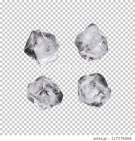 Four clear ice cubes are isolated on transparency background, showcasing their transparency and geometric shapes. ice cubes appear fresh and cold, perfect for chilling beverages 127576866