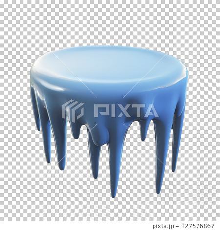Round, blue, glossy platform with dripping edges resembling melting ice or wax, creating surreal and artistic effect 127576867