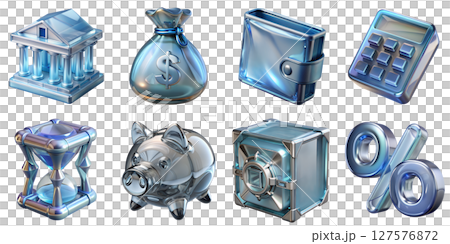 Financial icons set - bank, money bag, wallet, calculator, hourglass, piggy bank, safe, and percent symbols 127576872