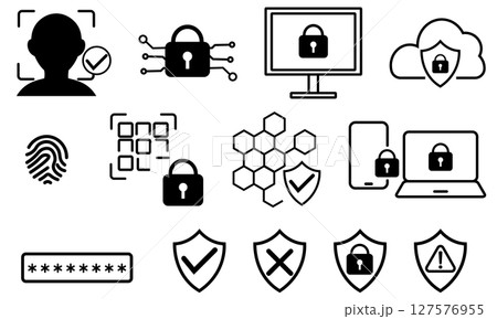 サイバーセキュリティとデータ保護を示すアイコンセット 127576955