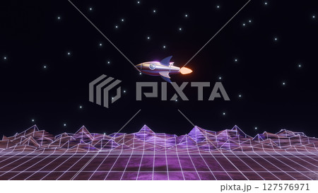 abstract 3d render illustration with cartoon retro rocket in outer space 127576971