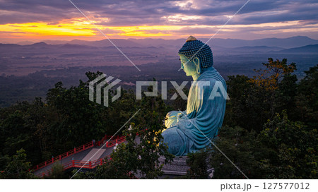 Aerial view of Majestic Buddha at sunrise 127577012