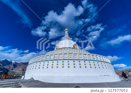 Shanti Stupa on a hilltop in Ladakh, India. 127577053