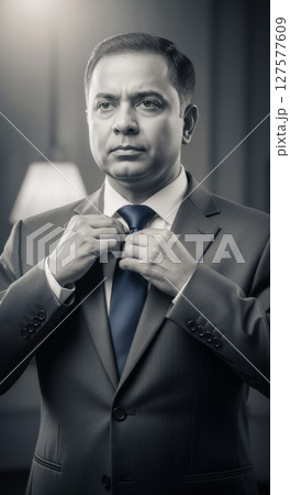 Serious man adjusts his tie in a monochrome portrait. 127577609