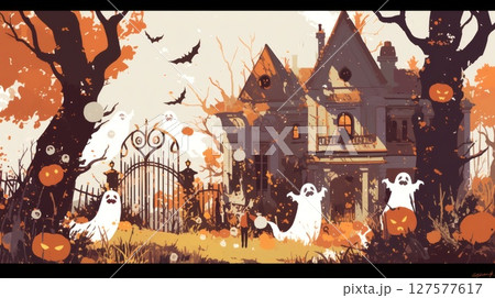 シームレスなハロウィンの風景イラスト 127577617