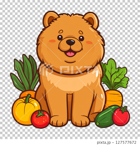 夏季蔬菜和鬆獅犬小狗的貼紙插圖2 / 傳單和海報的材料 127577672