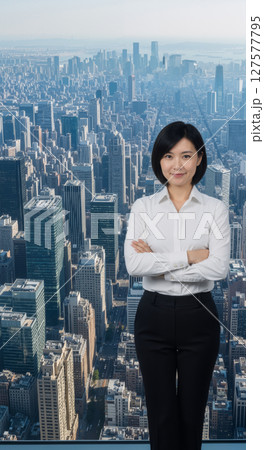 A woman standing confident on rooftop with city skyline behind. 127577795