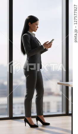 Professional woman texting near tall windows in an office. 127577827