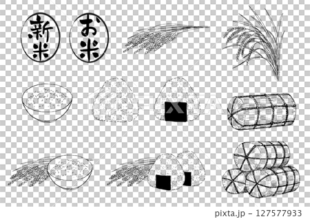 Hand-drawn pen drawing set of rice, rice balls, and rice 127577933