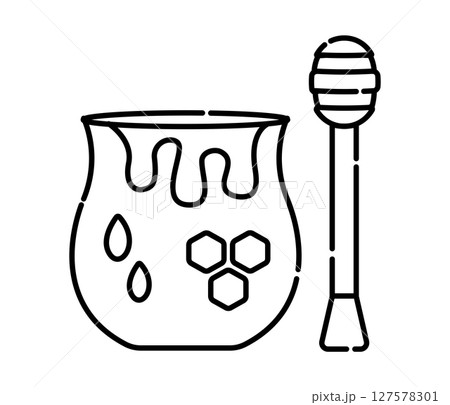 Jar of honey and honey dipper black vector line icon Jar of honey and honey dipper black vector line icon 127578301