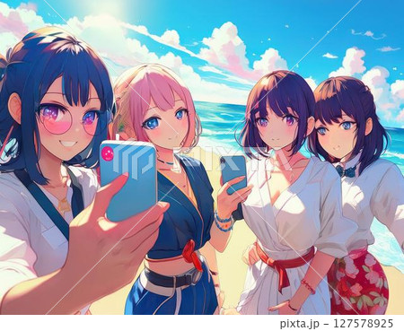 ビーチでスマホを使って自撮りをしている女性たち 127578925