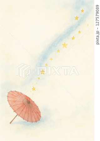 和傘と流れる星の天の川 水彩風イラスト（七夕・夏の背景素材） 127579089