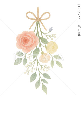 リボン付きブーケの水彩イラスト（バラと小花の切り抜きPNG素材） 127579241