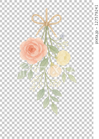 帶有絲帶的花束水彩插圖（帶有玫瑰和小花的PNG材料） 127579241