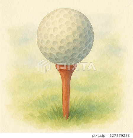 ゴルフボールとティーの水彩イラスト（芝生・やさしい色合い・スポーツ素材） 127579288