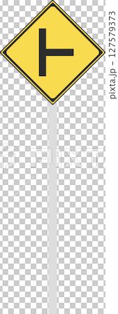ポール付きの標識の単品イラスト　├形道路交差点あり 127579373