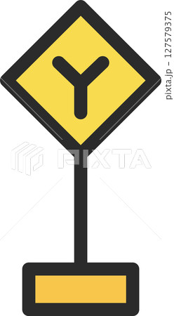ポール付きのミニ標識の単品イラスト Y形道路交差点あり ポール付きのミニ標識の単品イラスト Y形道路交差点あり 127579375