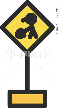 ポール付きのミニ標識の単品イラスト　道路工事中 127579456