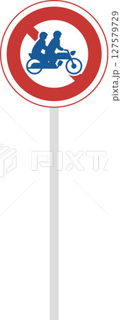 ポール付き標識の単品イラスト　大型自動二輪車及び普通自動二輪車二人乗り通行禁止 127579729